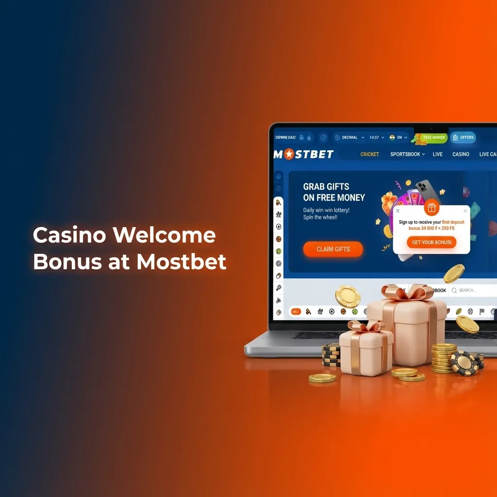 Mostbet India casino welcome bonus offer showing 125% first deposit match and 250 free spins for slots and live games