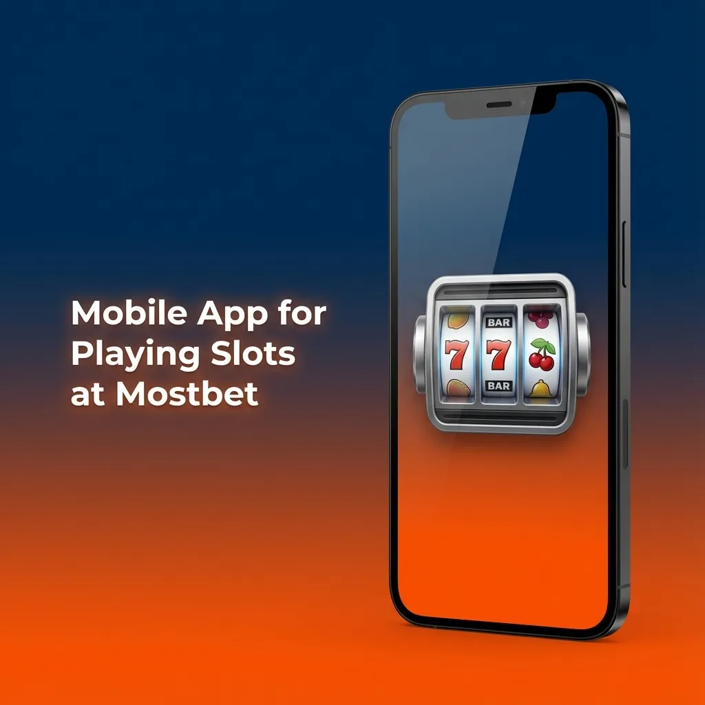 Hand holding a smartphone showing the Mostbet slots app with colorful slot machines and large buttons on the screen