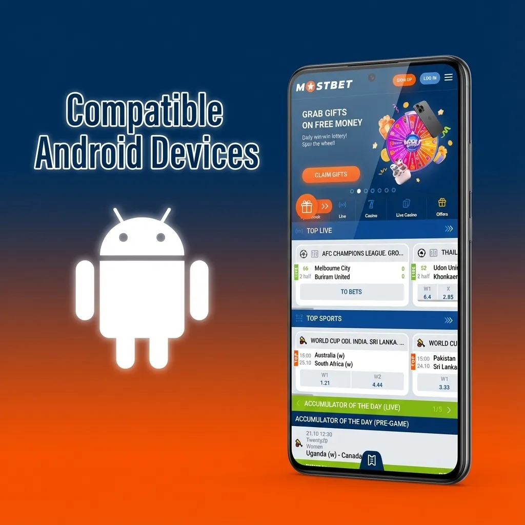 Collage of popular Android phones in India with text: “Mostbet app works on most modern Android devices.”