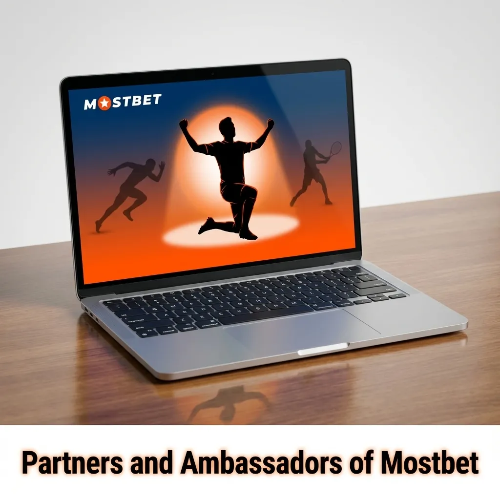 Graphic titled “Partners and Ambassadors of Mostbet” showing sports clubs, influencers, and tech brands linked to the betting platform
